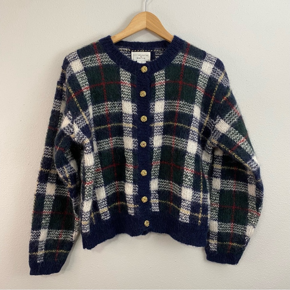 Christopher and Banks Vintage Wool Striped Blue and Green Cardigan Sweater Large